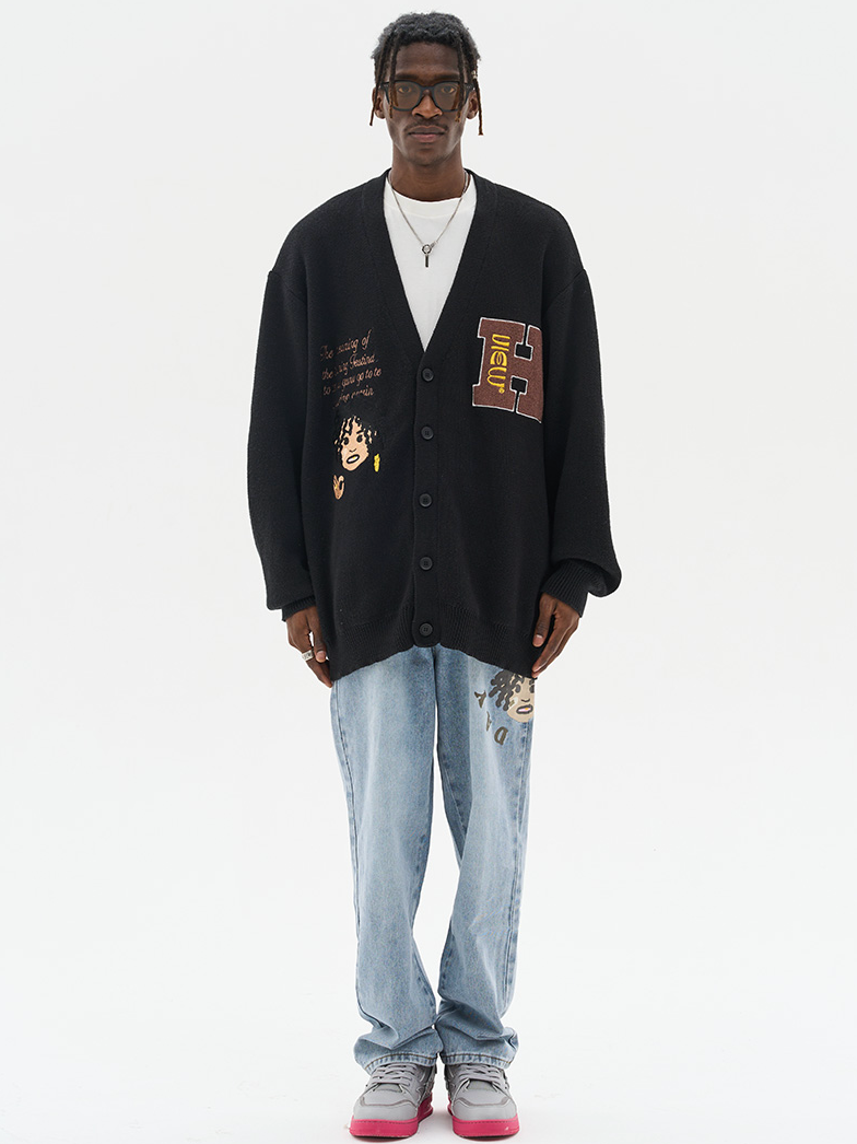 Harsh and Cruel Cartoon Face Knit Sweater Cardigan