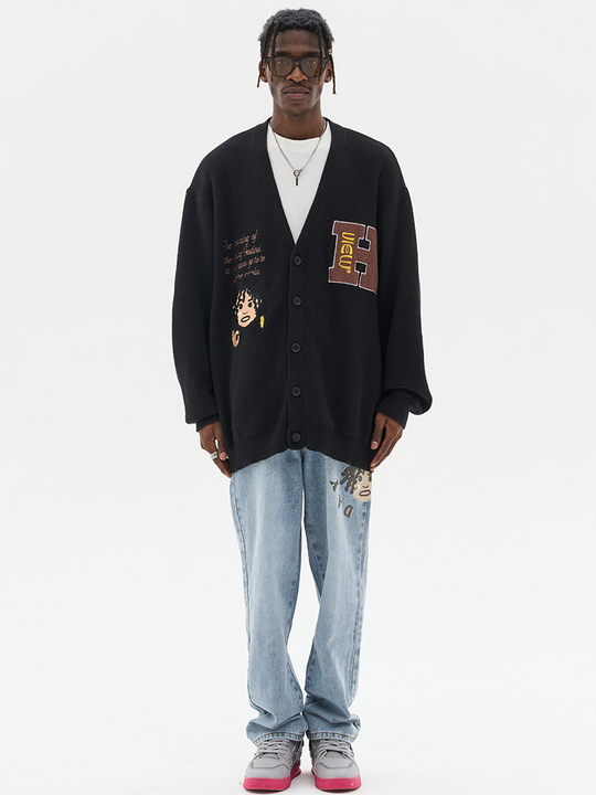 Harsh and Cruel Cartoon Face Knit Sweater Cardigan