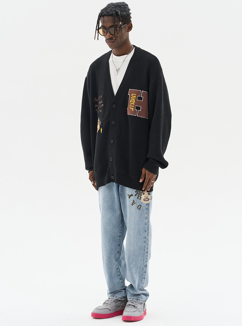 Harsh and Cruel Cartoon Face Knit Sweater Cardigan