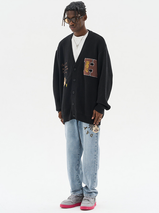 Harsh and Cruel Cartoon Face Knit Sweater Cardigan