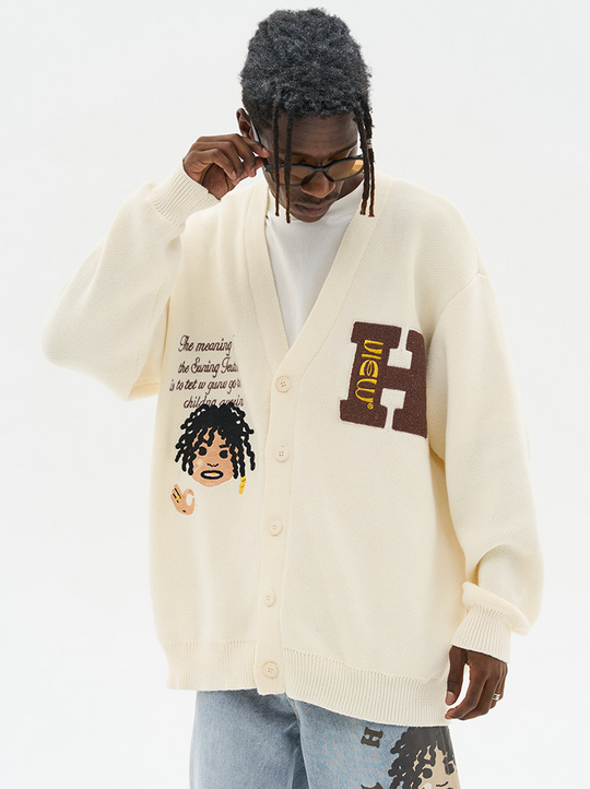 Harsh and Cruel Cartoon Face Knit Sweater Cardigan