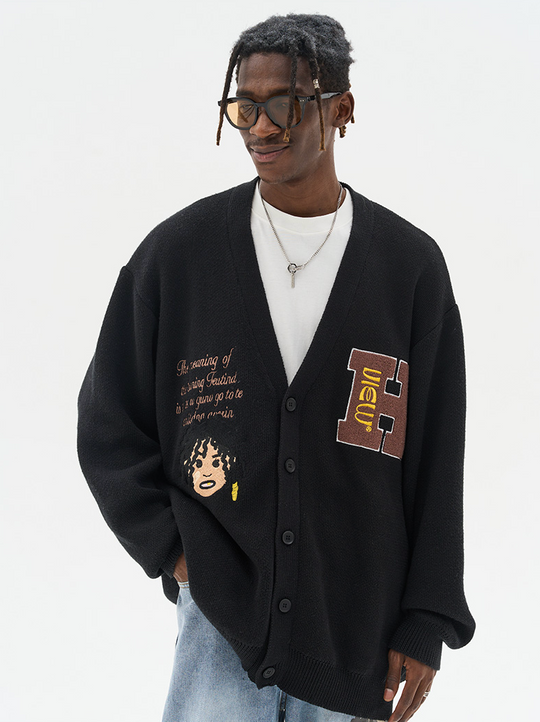 Harsh and Cruel Cartoon Face Knit Sweater Cardigan