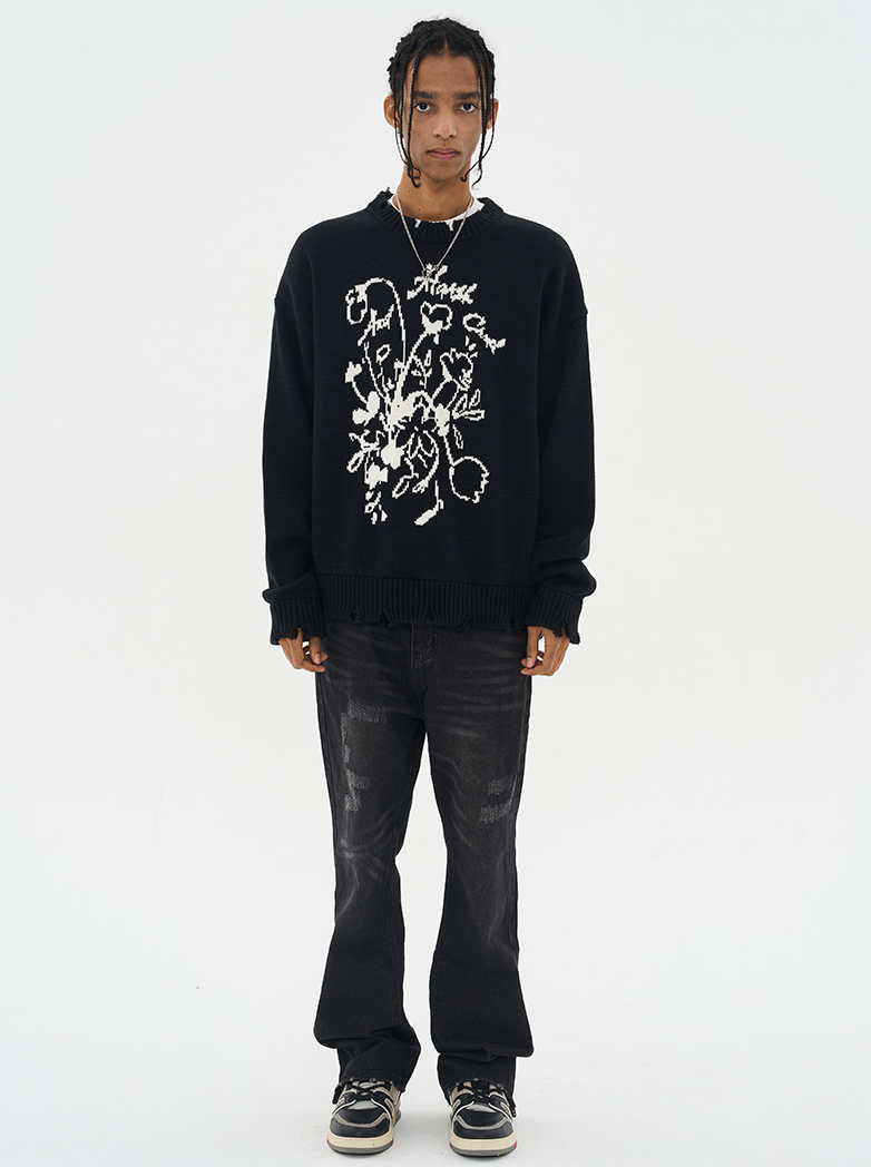 Harsh and Cruel Hand Drawn Flowers Knit Sweater