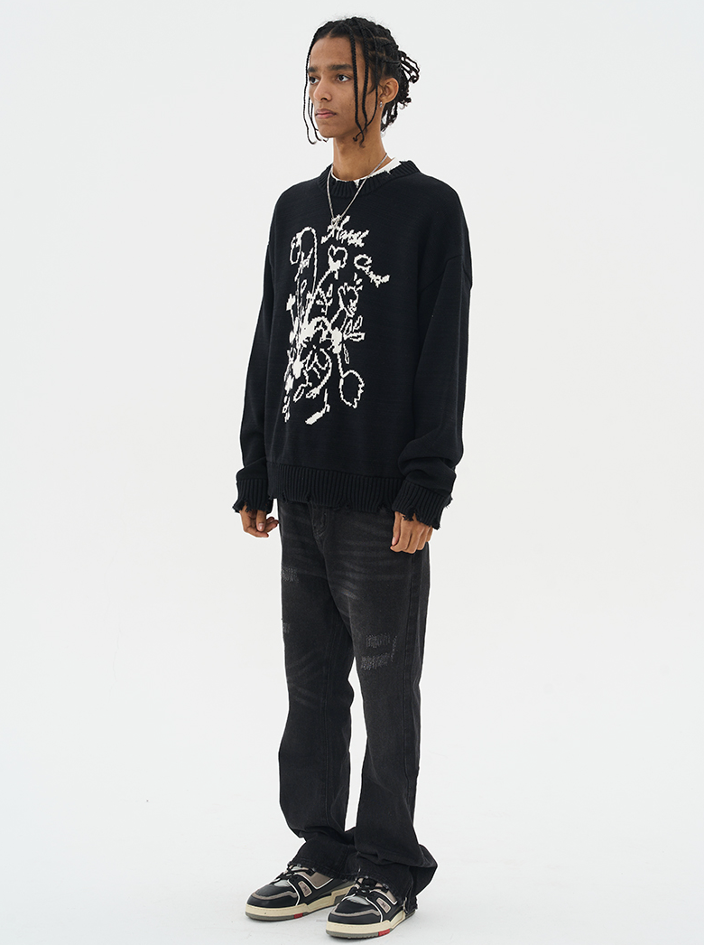 Harsh and Cruel Hand Drawn Flowers Knit Sweater