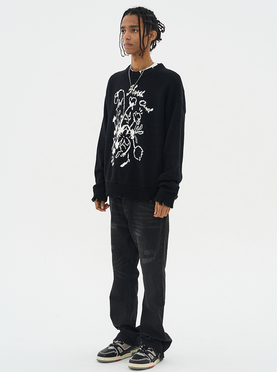 Harsh and Cruel Hand Drawn Flowers Knit Sweater