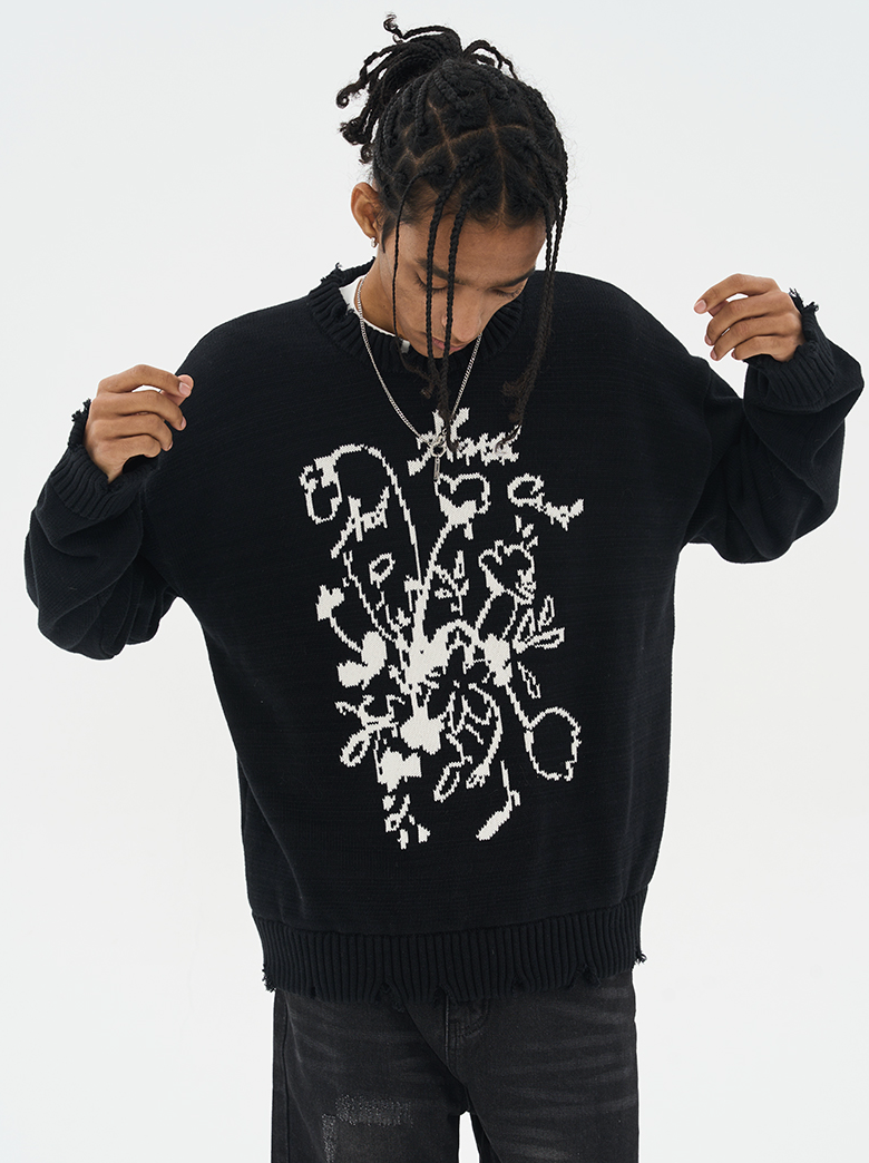 Harsh and Cruel Hand Drawn Flowers Knit Sweater