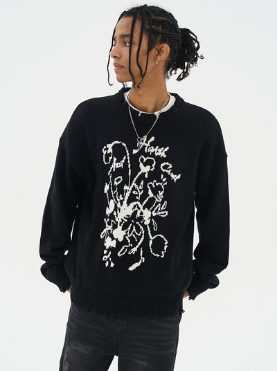Harsh and Cruel Hand Drawn Flowers Knit Sweater