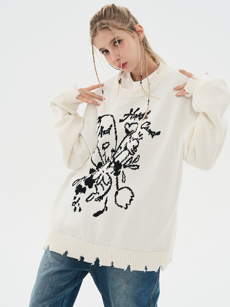 Harsh and Cruel Hand Drawn Flowers Knit Sweater