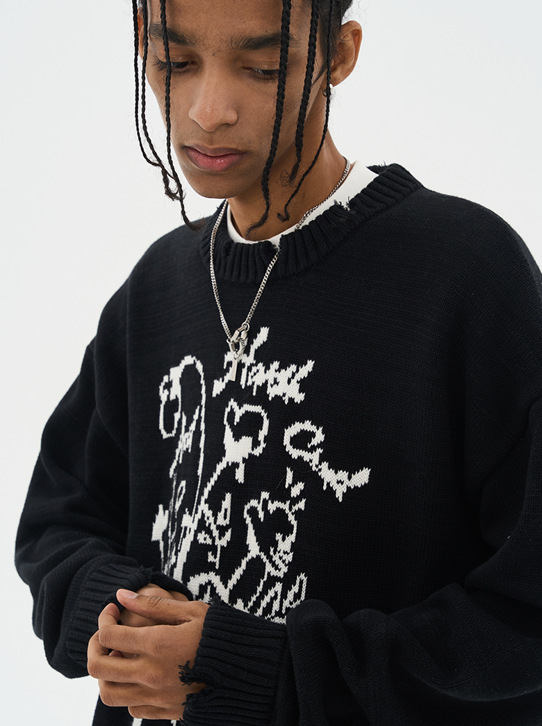 Harsh and Cruel Hand Drawn Flowers Knit Sweater