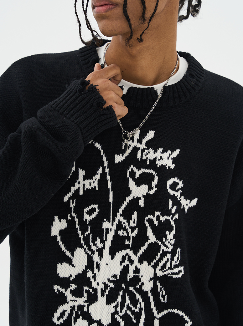 Harsh and Cruel Hand Drawn Flowers Knit Sweater
