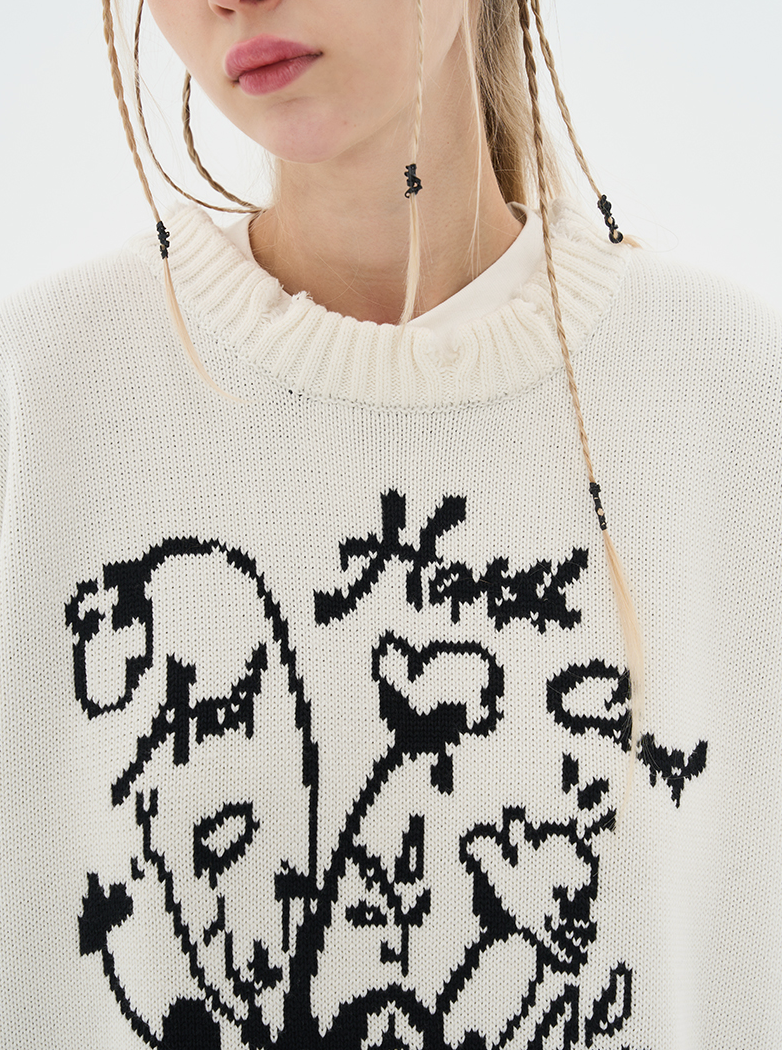 Harsh and Cruel Hand Drawn Flowers Knit Sweater