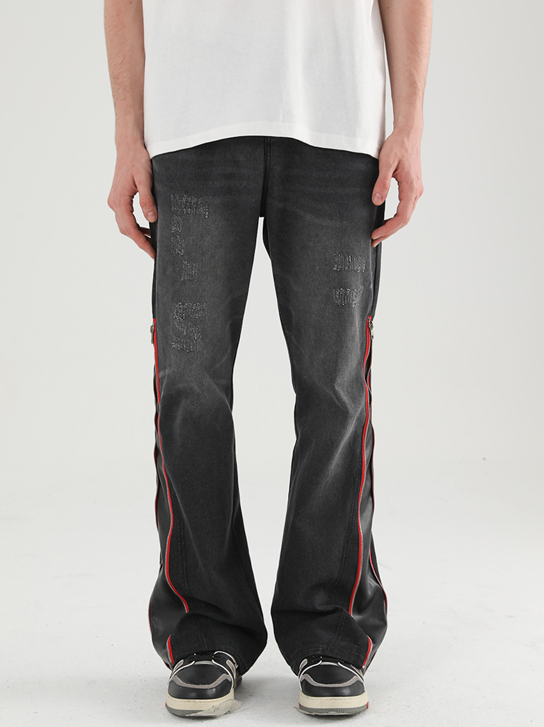 Harsh and Cruel Leather Panel Flared Denim