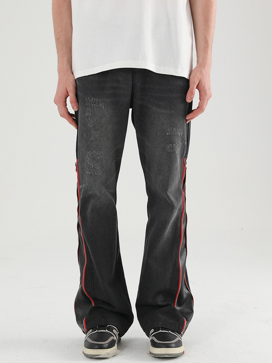 Harsh and Cruel Leather Panel Flared Denim