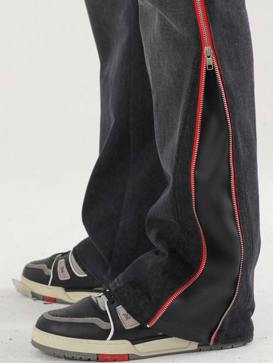 Harsh and Cruel Leather Panel Flared Denim