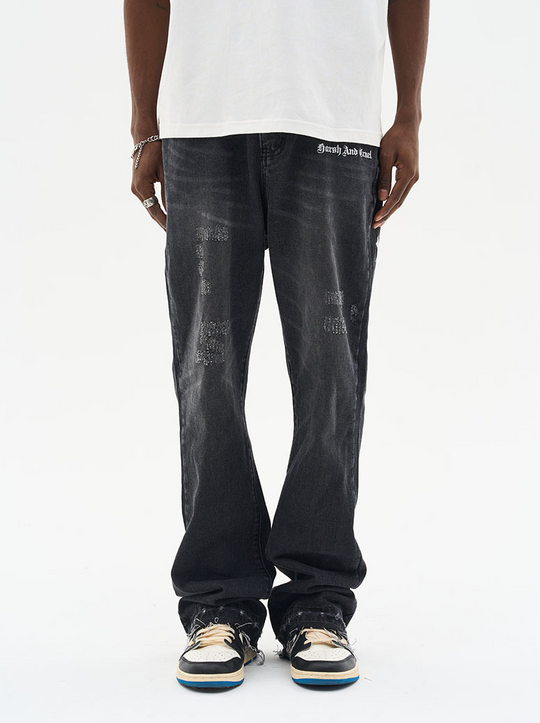 Harsh and Cruel Gothic Logo Embroidered Flared Denim