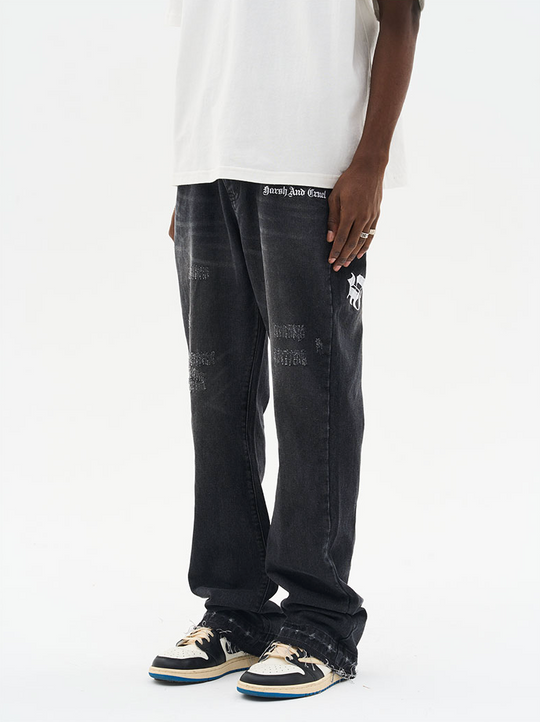 Harsh and Cruel Gothic Logo Embroidered Flared Denim