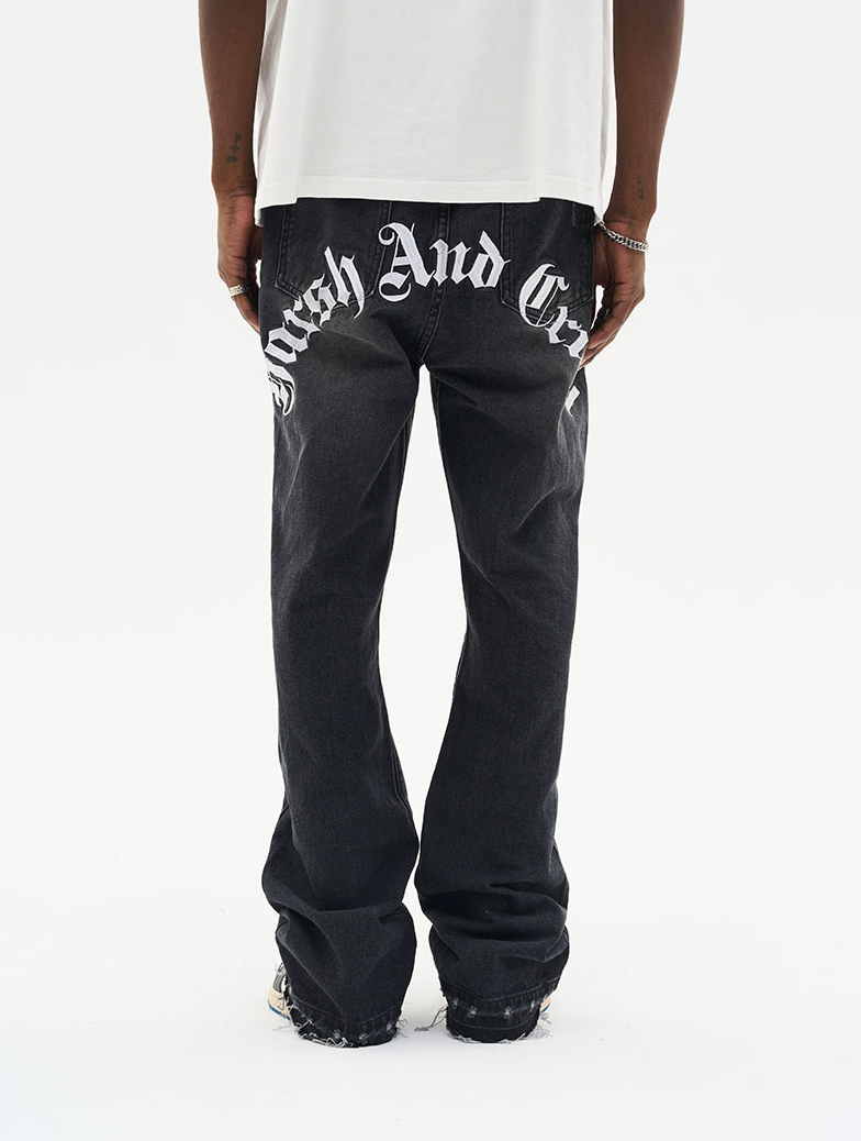 Harsh and Cruel Gothic Logo Embroidered Flared Denim