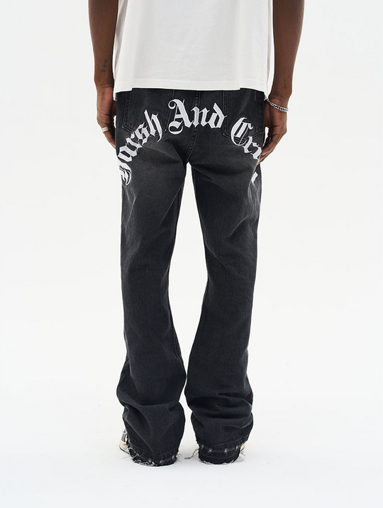 Harsh and Cruel Gothic Logo Embroidered Flared Denim