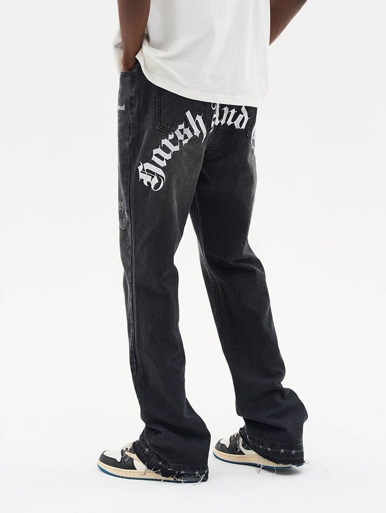 Harsh and Cruel Gothic Logo Embroidered Flared Denim