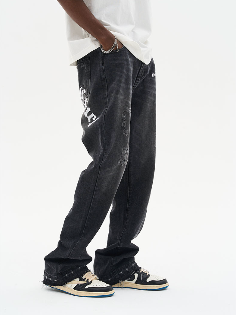 Harsh and Cruel Gothic Logo Embroidered Flared Denim