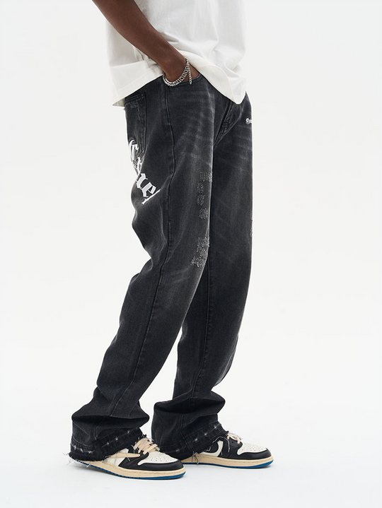 Harsh and Cruel Gothic Logo Embroidered Flared Denim