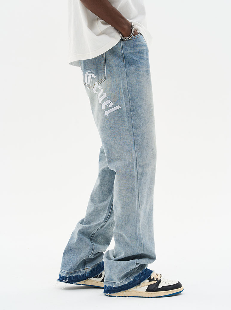 Harsh and Cruel Gothic Logo Embroidered Flared Denim