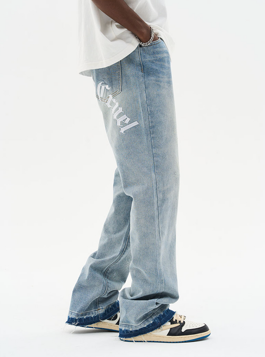 Harsh and Cruel Gothic Logo Embroidered Flared Denim