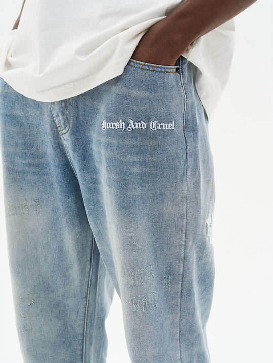 Harsh and Cruel Gothic Logo Embroidered Flared Denim