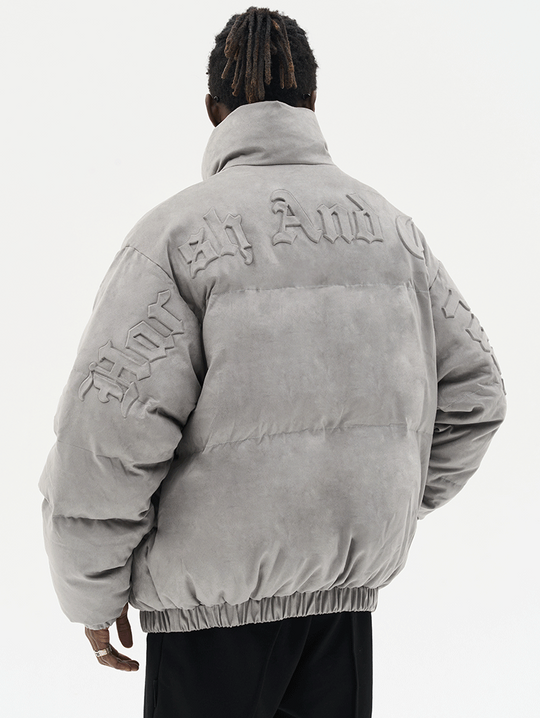 Harsh and Cruel Embossed Gothic Logo Down Jacket