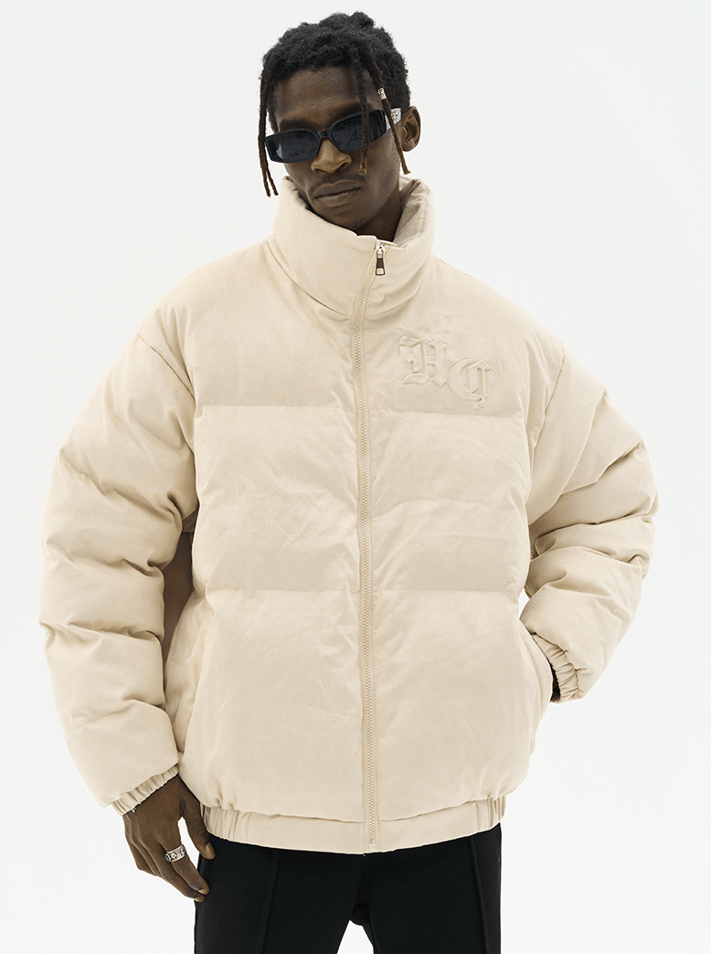 Harsh and Cruel Embossed Gothic Logo Down Jacket