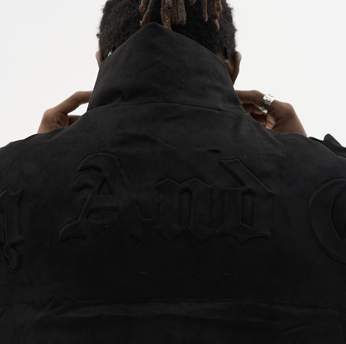 Harsh and Cruel Embossed Gothic Logo Down Jacket