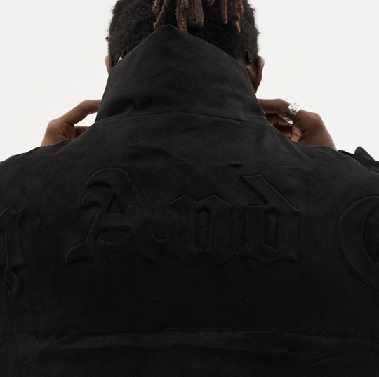 Harsh and Cruel Embossed Gothic Logo Down Jacket