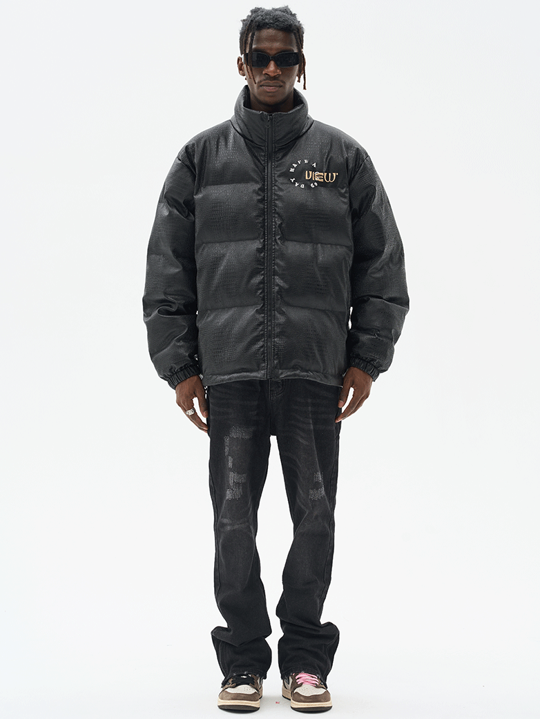 Harsh and Cruel Cartoon Face Faux Crocodile Leather Jacket