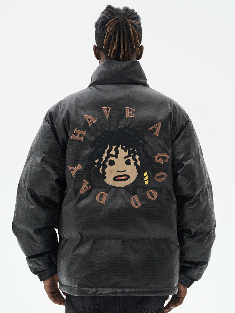 Harsh and Cruel Cartoon Face Faux Crocodile Leather Jacket