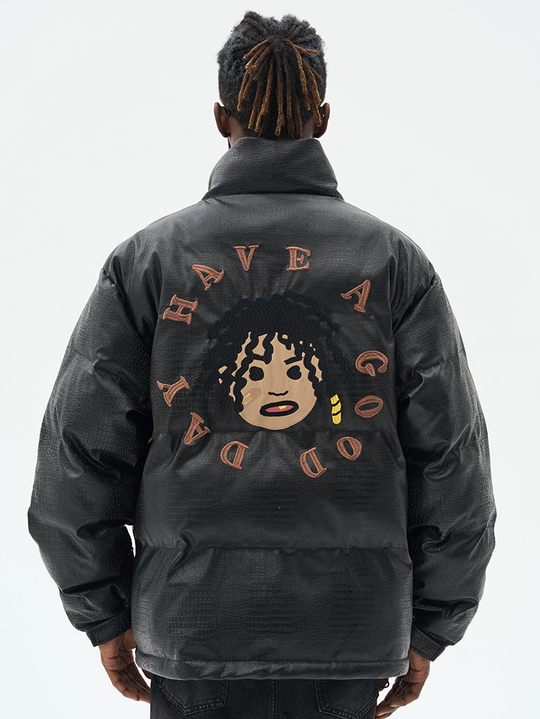 Harsh and Cruel Cartoon Face Faux Crocodile Leather Jacket