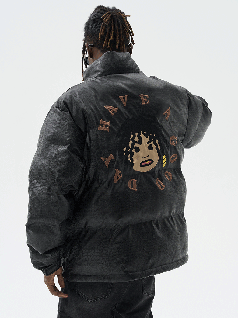 Harsh and Cruel Cartoon Face Faux Crocodile Leather Jacket