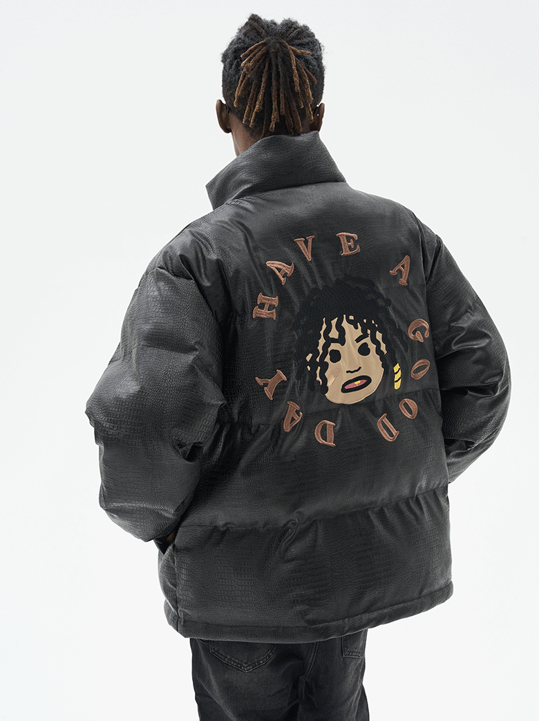 Harsh and Cruel Cartoon Face Faux Crocodile Leather Jacket