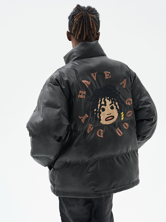 Harsh and Cruel Cartoon Face Faux Crocodile Leather Jacket