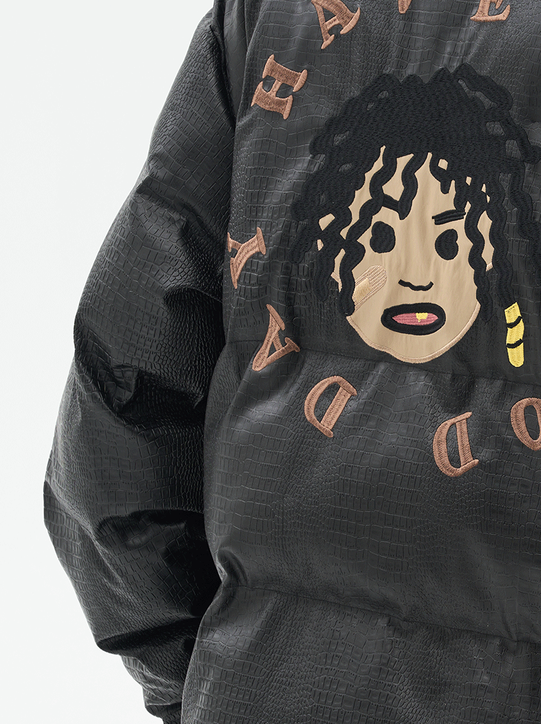 Harsh and Cruel Cartoon Face Faux Crocodile Leather Jacket