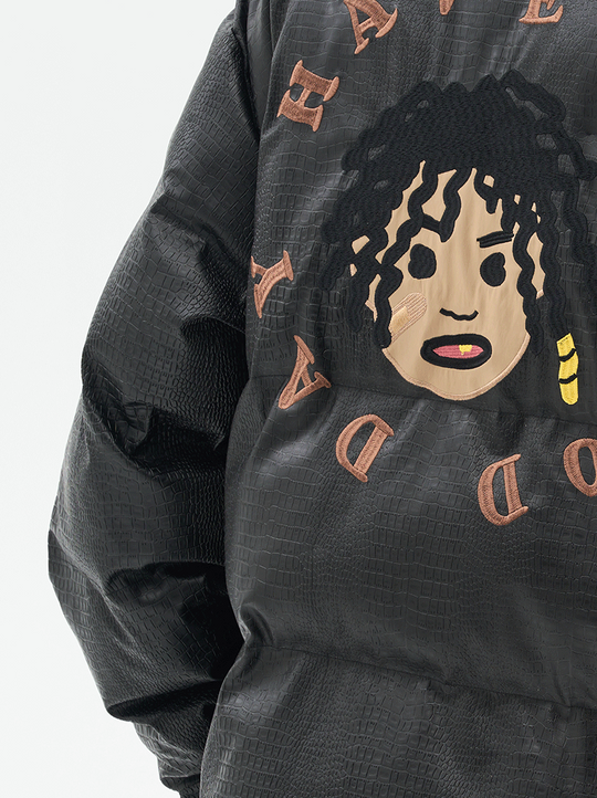 Harsh and Cruel Cartoon Face Faux Crocodile Leather Jacket