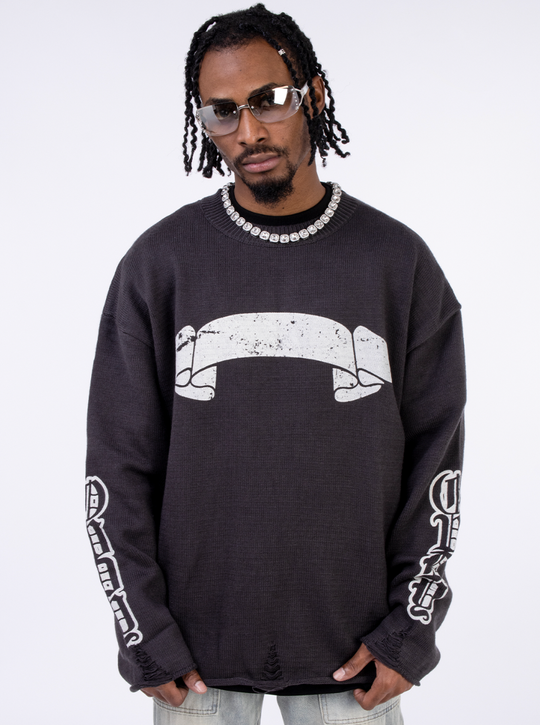 F3F Select Print Destruction Ripped Knit Sweater
