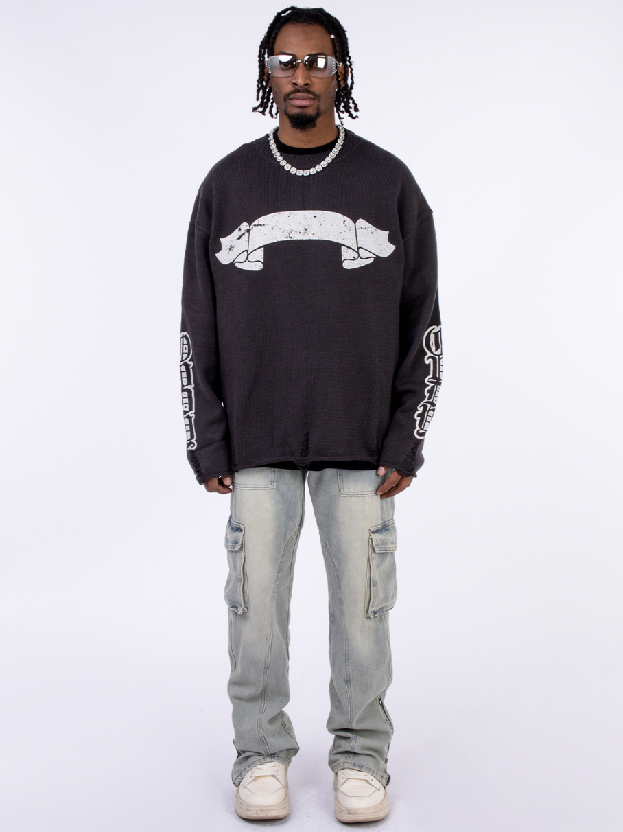 F3F Select Print Destruction Ripped Knit Sweater