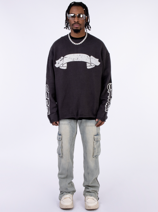 F3F Select Print Destruction Ripped Knit Sweater