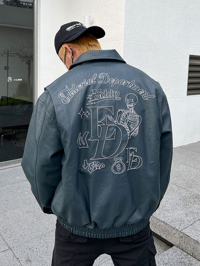 F3F Select Embroidered Stitching PU Leather Jacket