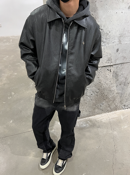 F3F Select Embroidered Stitching PU Leather Jacket