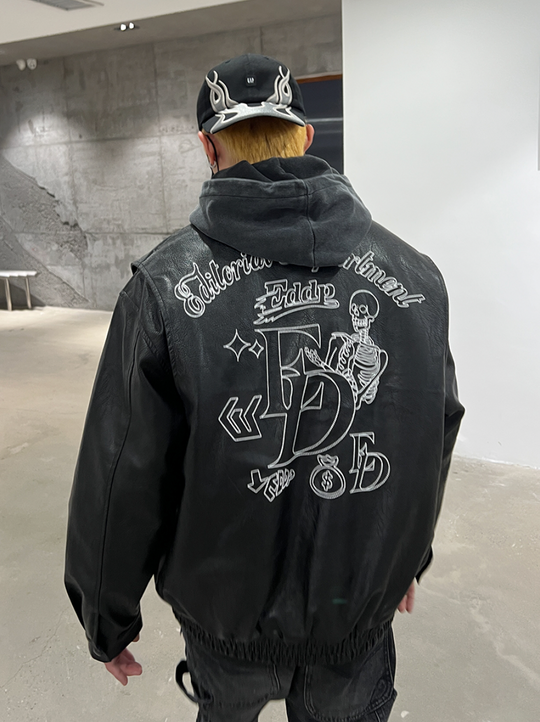 F3F Select Embroidered Stitching PU Leather Jacket