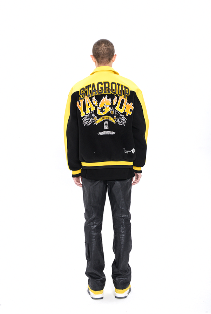 YADcrew STA Underground Patchwork Embroidery Baseball Jacket