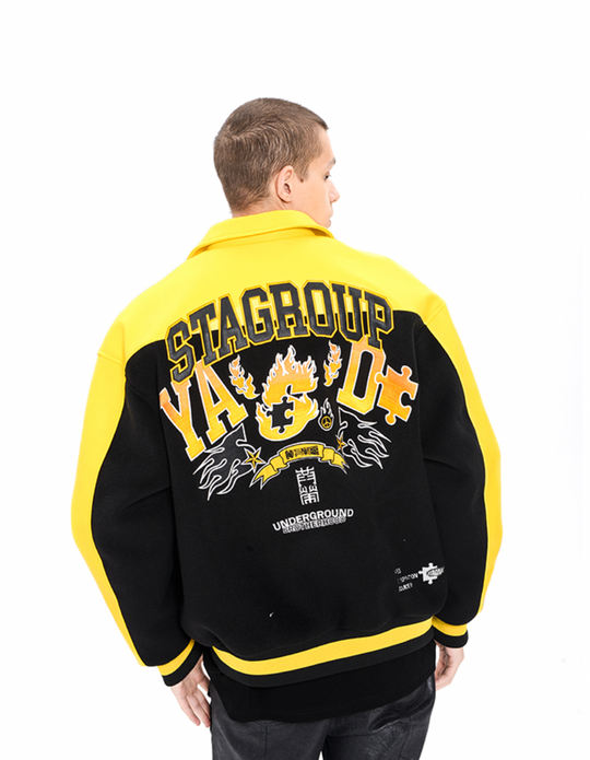 YADcrew STA Underground Patchwork Embroidery Baseball Jacket