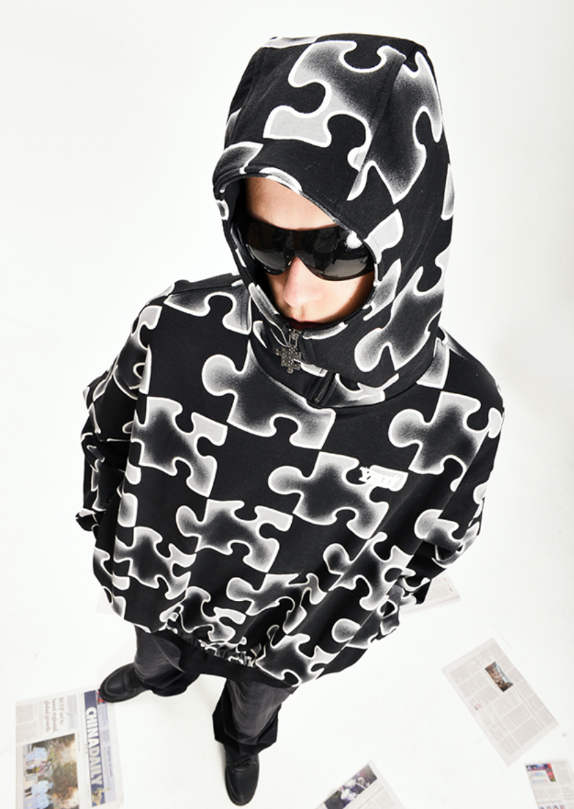 YADcrew Full Print Puzzle Half Zip Hoodie
