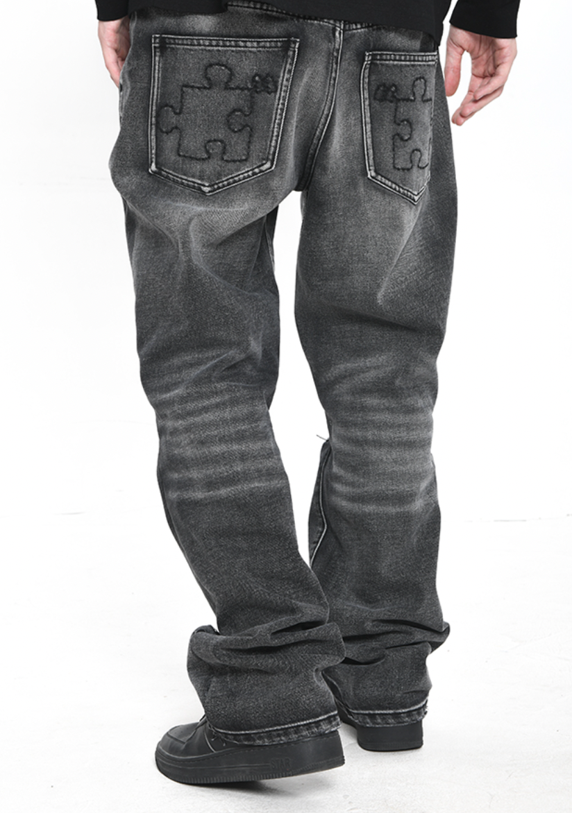YADcrew Puzzle Embroidery Washed Jeans